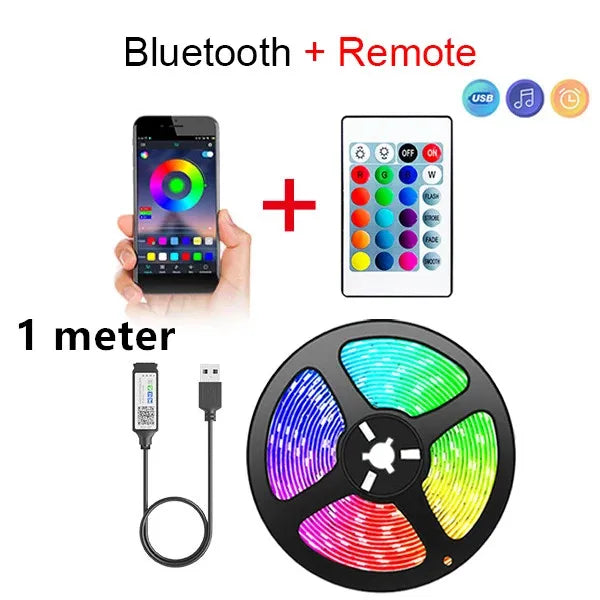 Tira LED RGB con Bluetooth y App –5 m | Control desde Celular + Control Remoto | Ideal para Cuartos Gamer, TV y Decoración Moderna