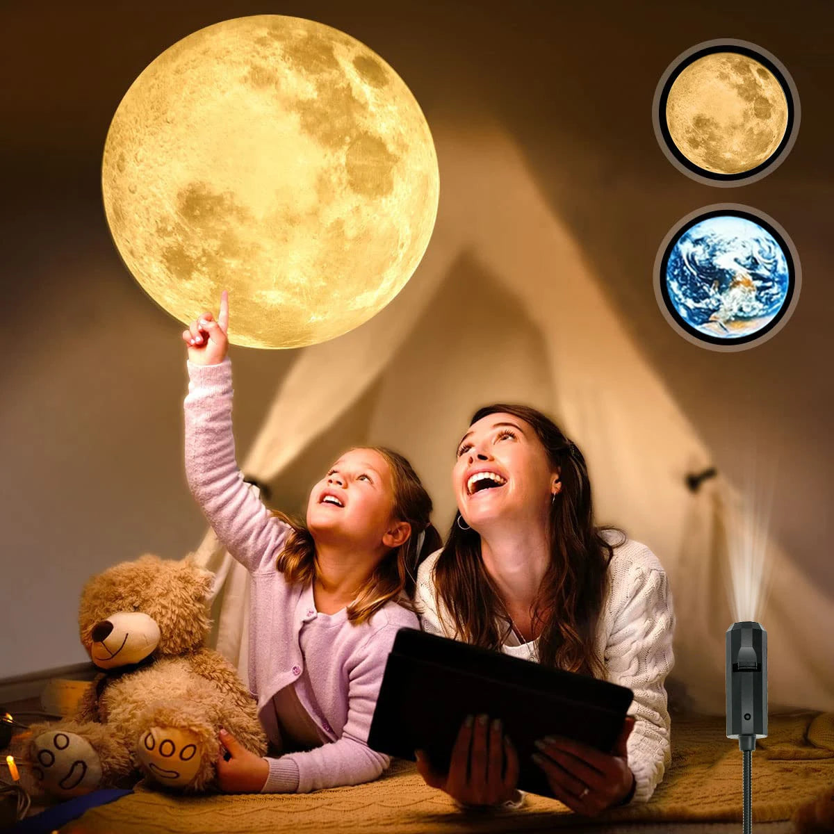 Lámpara Proyector Luna y Tierra – Luz Ambiental con Proyección Giratoria Dormitoria | USB | Ideal paro, Regalo o Decoración