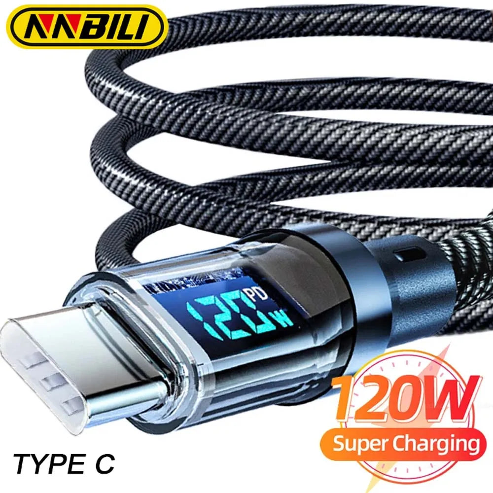 Cable de Carga Rápida 120W con Pantalla LED – USB a Tipo-C / Tipo-C a Tipo-C, 6A, 1M/2M, Trenzado y Resistente – Compatible con Huawei, OPPO, Vivo