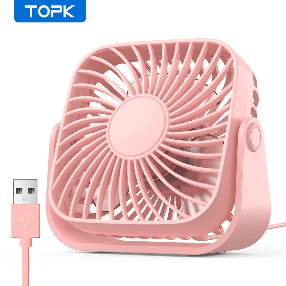 Ventilador USB TOPK Mini 4” Portátil – Silencioso, 3 Velocidades, Cabezal Giratorio 360°, Ideal para Casa, Oficina o Camping