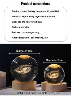 Luz Nocturna LED USB Bola de Cristal Galáctica 3D | Lámpara Luna y Planeta para Decoración de Hogar y Regalos
