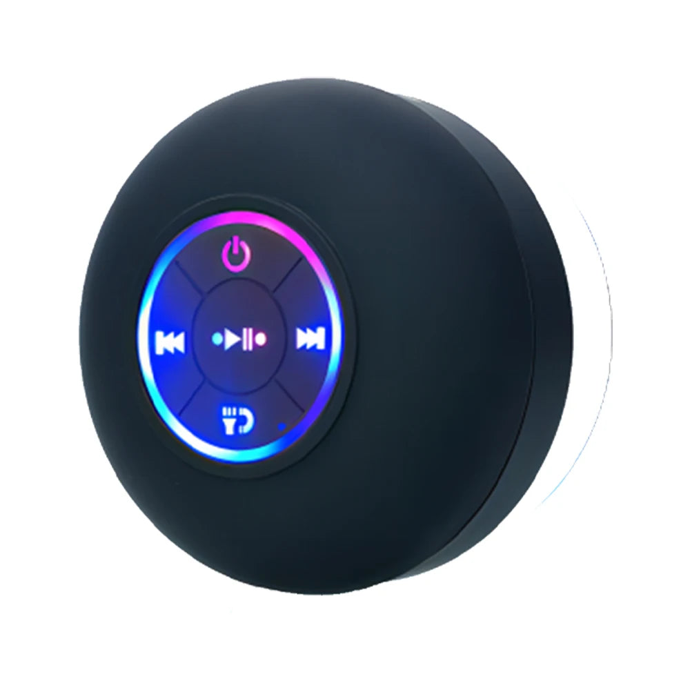 Bocina Bluetooth Portátil con LED e IPX4 – Impermeable, con Micrófono y Ventosa para Baño o Exterior
