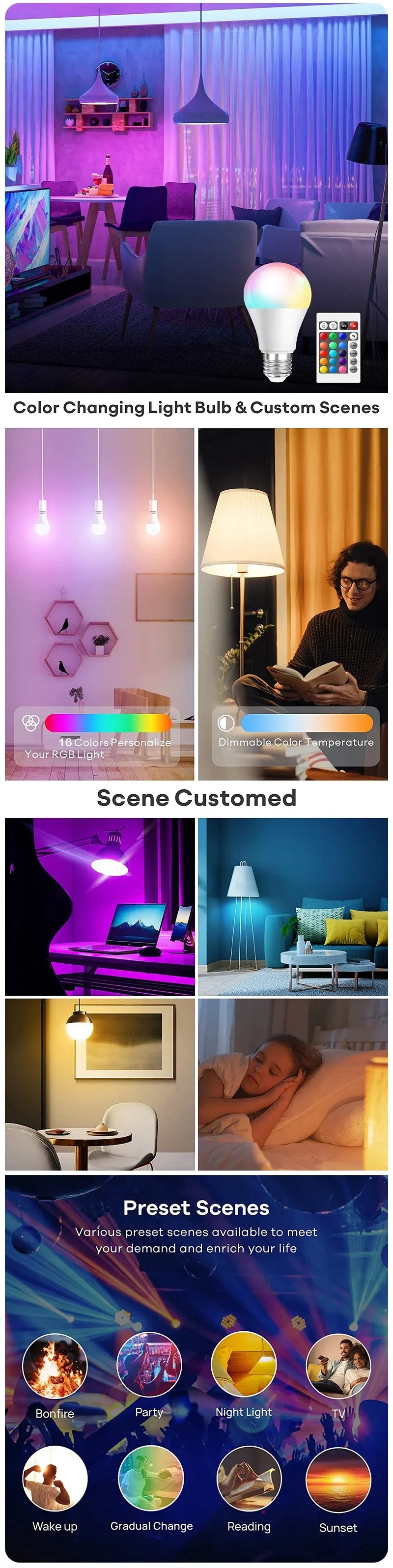 Foco LED RGB 16 Colores con Control Remoto – E27 220V, Luz Multicolor Regulable, 8W, Ambiente Inteligente