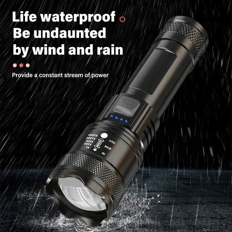 Linterna Táctica LED Recargable – 2000 lm con Zoom, 3 Modos y Pantalla | USB Tipo-C | Resistente al Agua | Emergencias y Camping
