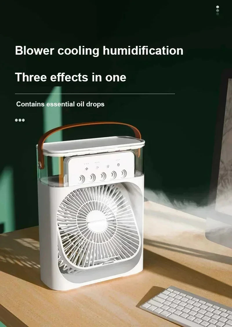 Enfriador de Aire 3 en 1 Portátil con Luz LED – Ventilador, Humidificador y Mini Aire Acondicionado USB para Hogar y Oficina